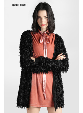 QU DETOUR 黑色时尚流苏宽松皮草2025年秋欧美嘻哈保暖外套女