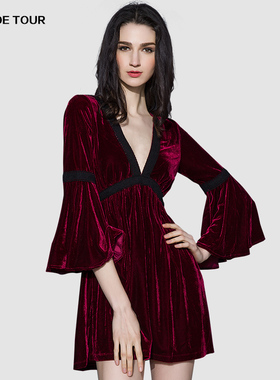 QU DETOUR深V领喇叭袖丝绒连衣裙年会名媛酒红色a字天鹅绒礼服