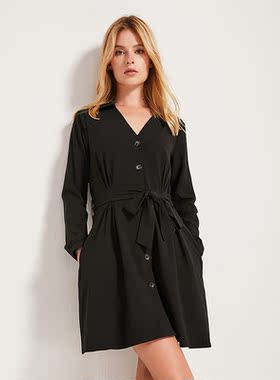 QU DETOUR V领系带西装黑色连衣裙2025年秋季高腰单排扣通勤短裙