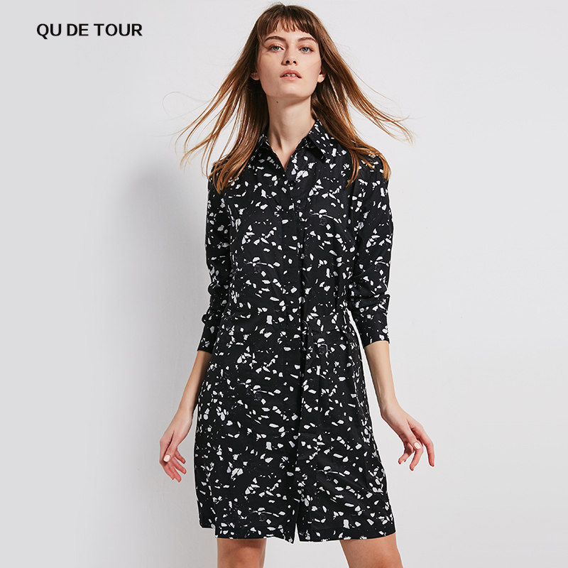 QU DETOUR 复古波点风黑色长袖衬衫连衣裙女收腰显瘦中长款裙子