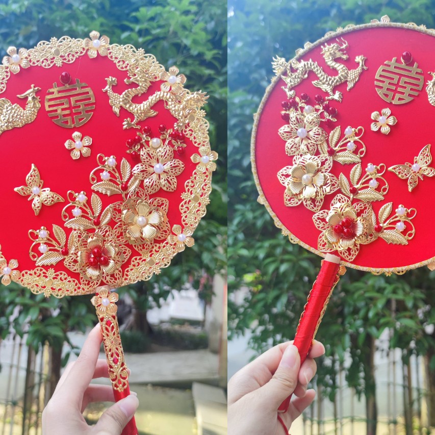 双面团扇婚礼diy成品双面扇子婚礼手持中式秀禾扇汉服双圈成品扇