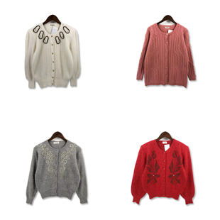 古着vintage日制森女系甜美风刺绣绣珠安哥拉兔毛保暖开衫 毛衣M25