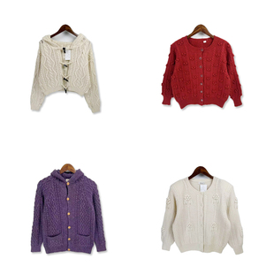 古着vintage森女手钩麻花豆豆粗线厚实手工编织毛衣羊毛外套D7