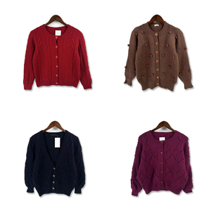 vintage古着森女手钩麻花豆豆粗线厚实手工编织纯羊毛百搭毛衣M8