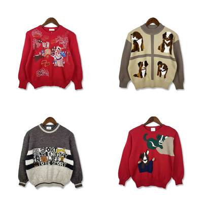 古着vintag复古秋冬童趣软妹子刺绣卡通针织纯羊毛套头毛衣A30