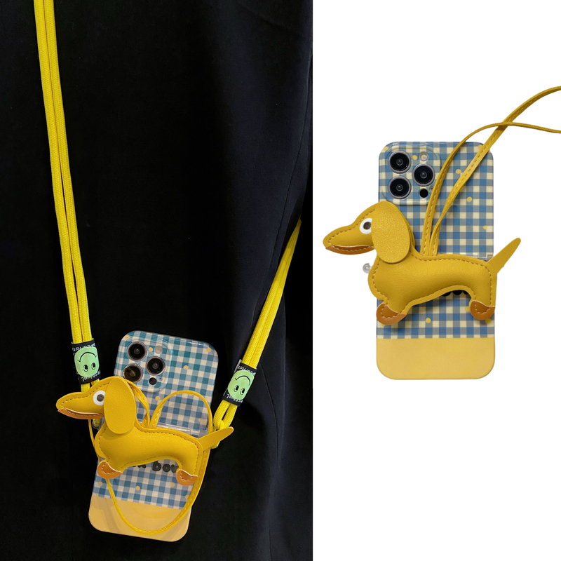 清新小蓝格腊肠狗背夹适用iPhone15Promax手机壳苹果14手提绳16可背带13斜挎12挂绳11小众xsmax/xr女7软8plus