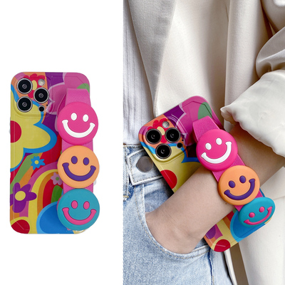 彩色涂鸦笑脸手腕带适用iphone17promax手机壳苹果16可背带15斜挎14斜挎13挂绳12多巴胺11时尚xsmax软xr时尚