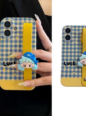 可爱蓝格纹卡通女孩皮条腕带适用小米15pro手机壳14小众k80清新k70/60简约13/12红米note13小众10软套k50/40