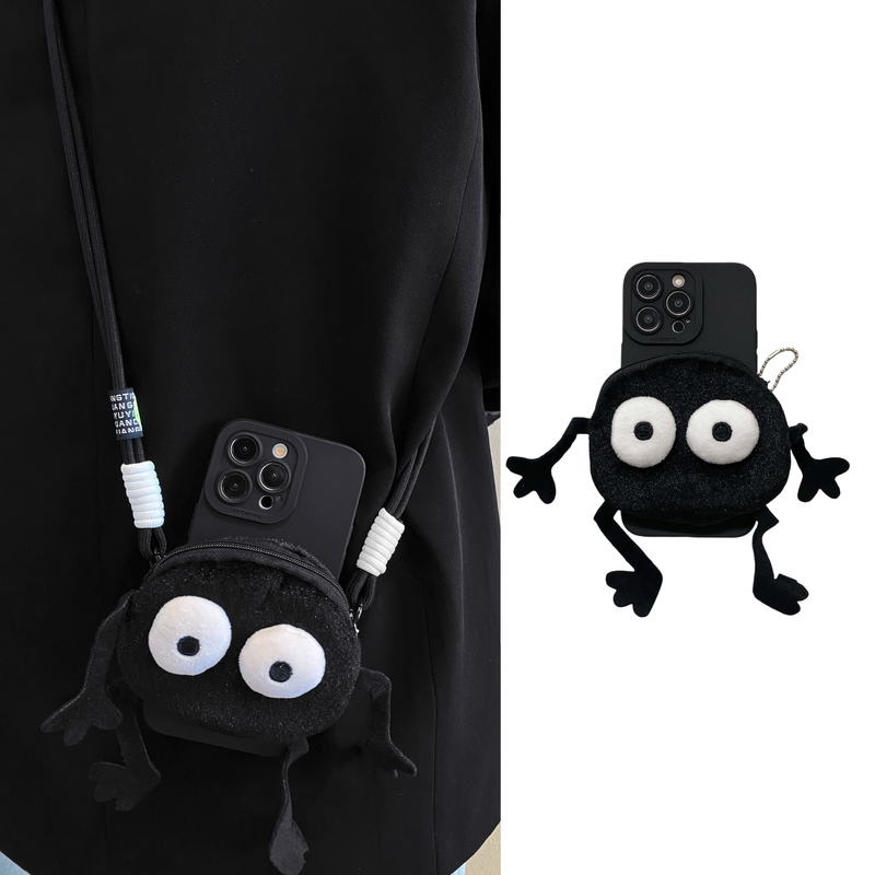 秋冬可爱黑煤球背夹包包适用iPhone15Promax手机壳苹果14小众16可背带13斜挎12挂绳11简约xsmax/xr软7/8plus