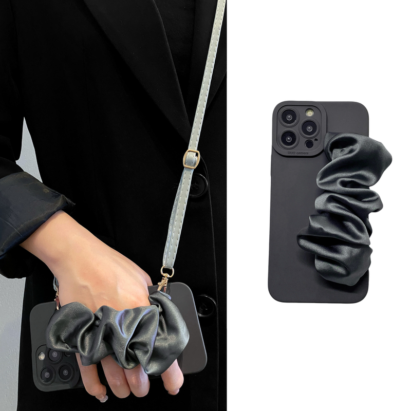 高级石墨灰色褶皱丝巾腕带适用华为nova12pro手机壳11可背带10斜挎9挂绳8气质7荣耀200/100小众90/80新70软60