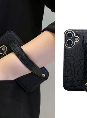 简约黑色素皮山茶花腕带适用华为荣耀nova13Pro手机壳12/11高级10/9个性8荣耀300/200小众100简约90防摔80软