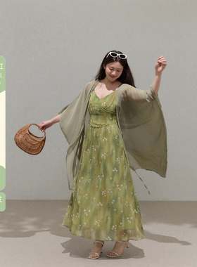 潘不卷大码女装微胖mm连衣裙巨遮肉显瘦绿色长裙名媛吊带裙高级感