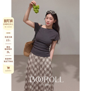 2新品 一件85折满2件75折 T恤格纹半裙 潘不卷 灰色露肩短袖