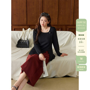潘不卷大码女装法式黑色方领针织上衣微胖mm秋冬毛衣半身长裙套装