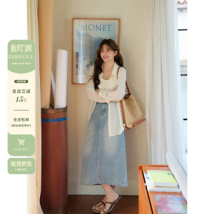 气质长裙浅蓝色高腰遮胯显瘦牛仔半身裙 微胖mm夏季 潘不卷大码 女装