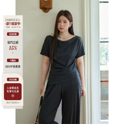 潘不卷大码女装微胖mm韩系简约黑色V领显瘦短袖T休闲裤套装2025夏