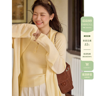 潘不卷大码女装微胖mm韩系黄色针织开衫外套女秋冬吊带背心两件套