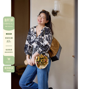 春季 潘不卷大码 收腰印花衬衫 法式 宽松绑带打底衬衣上衣微胖mm 女装