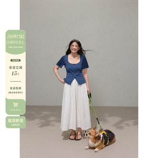 潘不卷大码女装微胖mm法式蓝色方领针织短袖t恤女夏正肩掐腰上衣