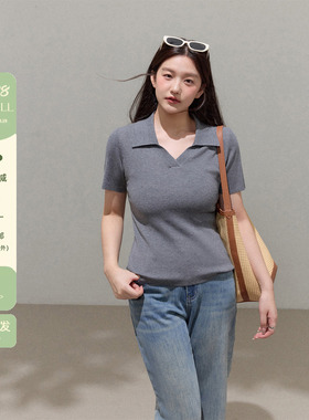 潘不卷大码女装微胖mmV领巨显瘦遮肉针织T上衣高级感短袖正肩恤衫