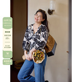 春季 潘不卷大码 收腰印花衬衫 法式 宽松绑带打底衬衣上衣微胖mm 女装