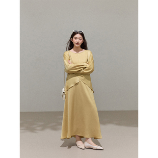 潘不卷大码女装微胖mm法式黄色不规则缎面衬衫长袖上衣半裙套装春