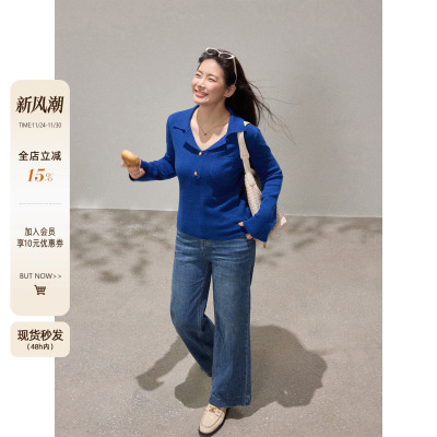 潘不卷大码女装微胖mm克莱因蓝翻领针织衫冬季修身毛衣打底衫上衣