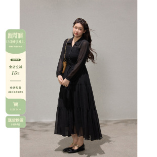 收腰连衣裙秋季 潘不卷大码 黑色衬衫 胖mm法式 雪纺显瘦蛋糕长裙 女装