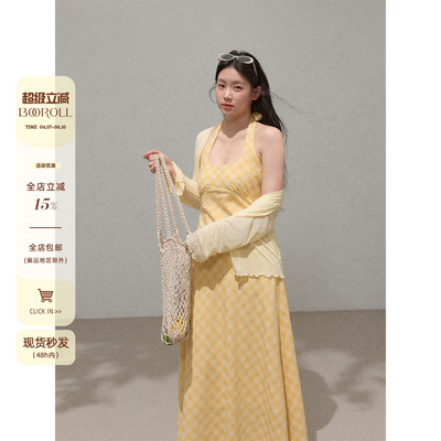 潘不卷大码女装微胖黄色海边度假挂脖吊带连衣裙夏季海岛沙滩长裙