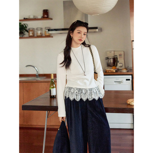 潘不卷大码女装胖mm韩系显瘦秋冬叠穿拼接蕾丝纯白打底衫显瘦上衣
