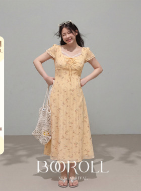 潘不卷[3/30-4/2新品一件85折满2件75折]黄色蕾丝拼接碎花连衣裙