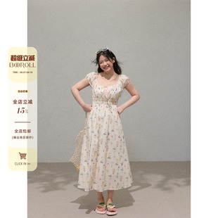 微胖mm巨好看 连衣裙方领漂亮独特碎花收腰长裙夏 女装 潘不卷大码