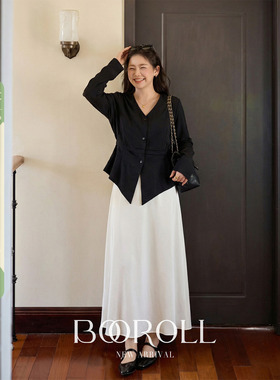 潘不卷[2/24-2/26新品一件85折满2件75折]黑色收腰v领衬衫半身裙