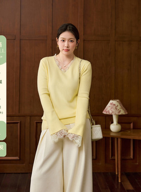潘不卷大码女装黄色蕾丝拼接v领打底针织衫微胖mm冬内搭毛衣上衣