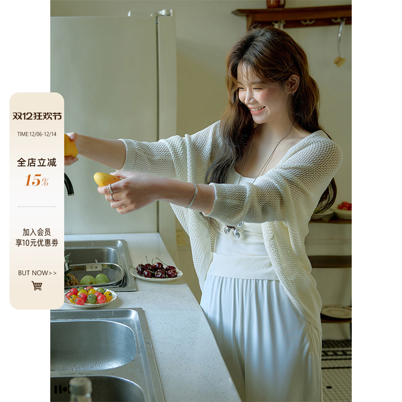 潘不卷大码女装微胖mm镂空针织开衫夏季防晒外套简约白色披肩上衣