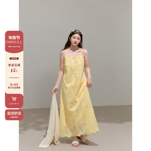 潘不卷大码女装微胖mm法式镂空蝴蝶吊带连衣裙早春海边度假长裙子