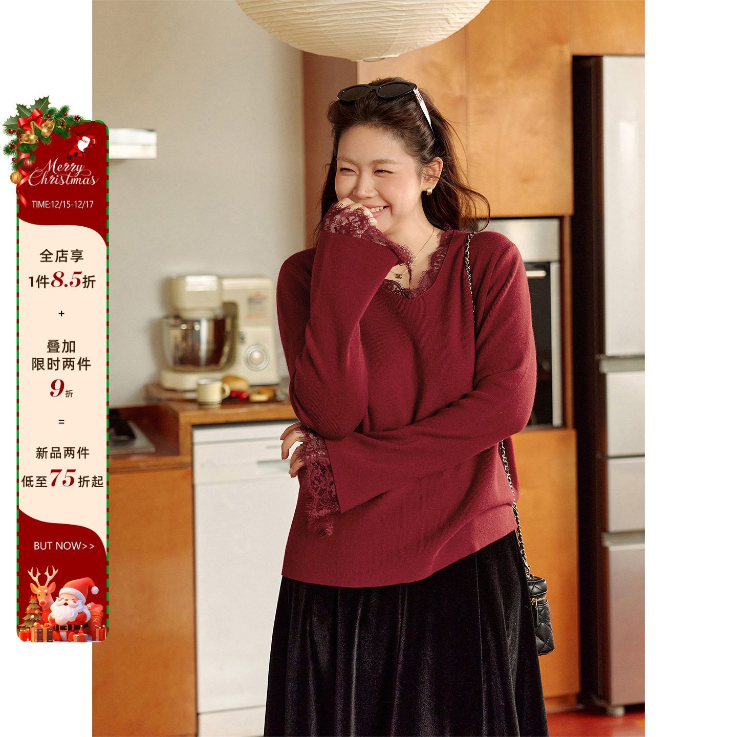 潘不卷[12/15-12/18新品一件85折满2件75折]韩系圣诞蕾丝针织衫