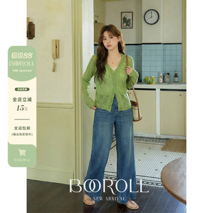 潘不卷大码女装绿色v领花边镂空薄款针织衫早春修身短款开衫上衣