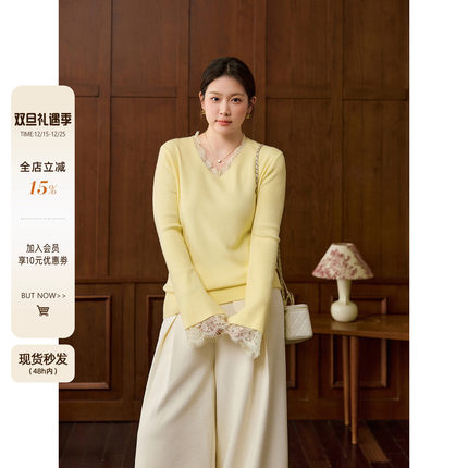 潘不卷大码女装蕾丝拼接v领打底针织衫微胖mm冬显瘦内搭毛衣上衣