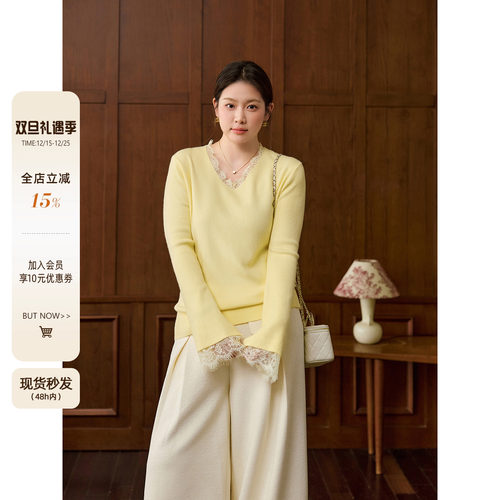 潘不卷大码女装蕾丝拼接v领打底针织衫微胖mm冬显瘦内搭毛衣上衣