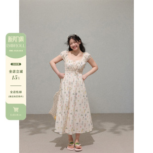 连衣裙方领漂亮独特碎花收腰长裙夏 微胖mm巨好看 潘不卷大码 女装
