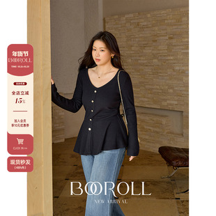 潘不卷大码女装微胖mm韩系黑色v领收腰长袖针织衫春新年显瘦上衣