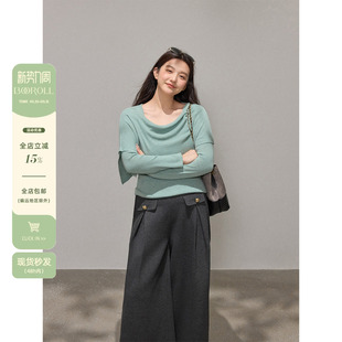 潘不卷大码女装蓝色荡领披肩内搭打底针织衫春季正肩上衣微胖mm