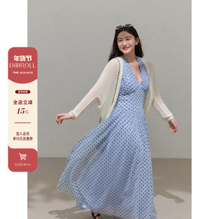 潘不卷大码女装微胖mm法式蓝色波点挂脖海边度假连衣裙夏收腰长裙