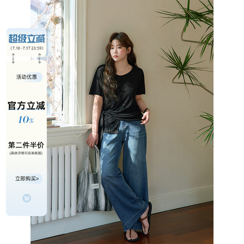 潘不卷大码女装微胖mm正肩抽绳短袖设计感上衣宽松显瘦休闲T恤女