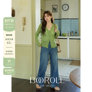 针织衫 绿色v领花边镂空薄款 早春修身 短款 上衣 潘不卷大码 开衫 女装