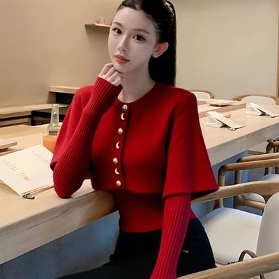 2025新款冬季巨好看独特漂亮上衣重要场合本命年红色斗篷针织衫女