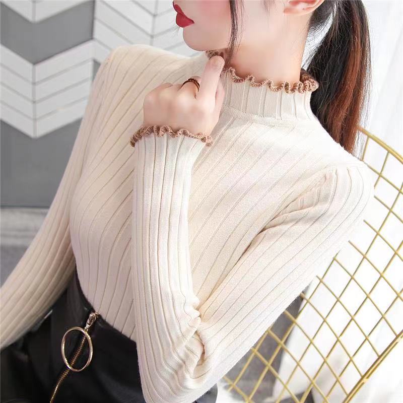 木耳边打底衫女秋冬2022年新款半高领修身显瘦长袖针织上衣毛衣女
