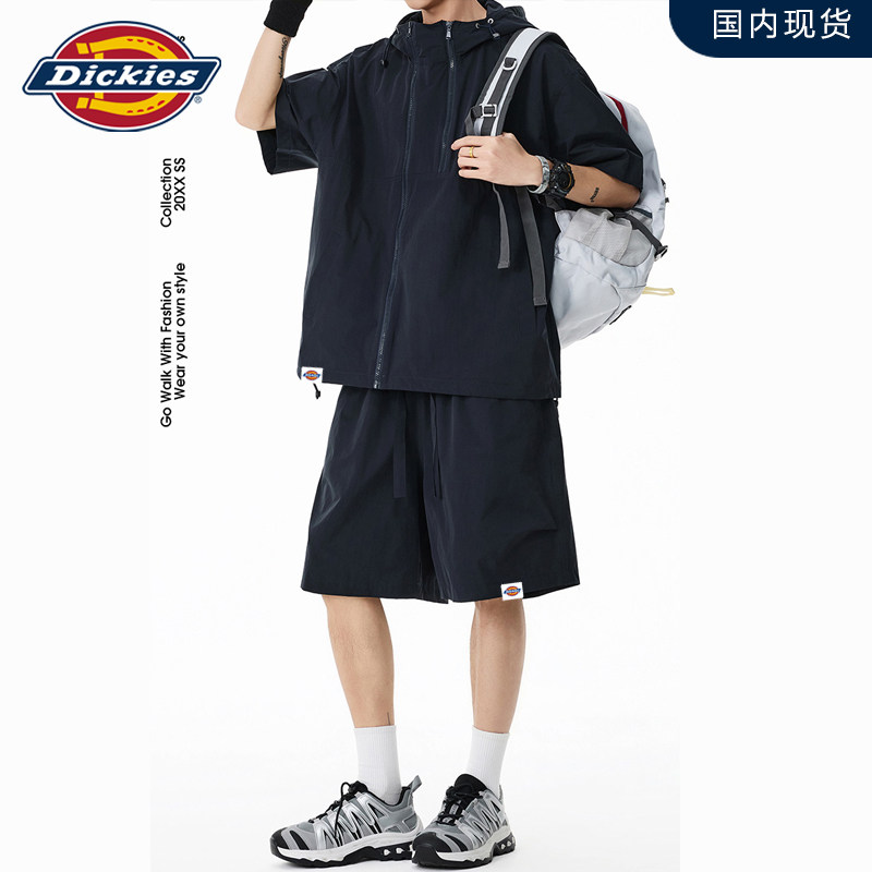 Dickies夏季新款拼色速干冰感衬衣五分裤套装户外防晒两件套装