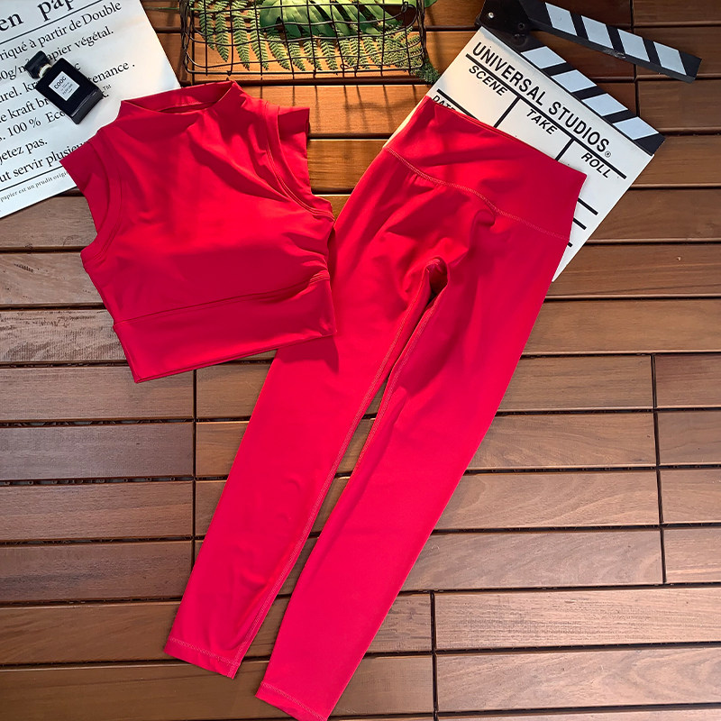 运动文胸套装女夏速干健身房训练气质紧身防走光一体式小高领背心